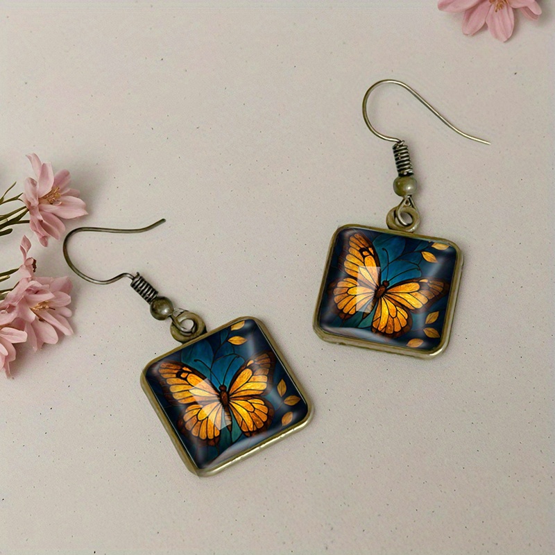 Vintage Glass Drop Earrings with Autumn Leaves & Butterflies